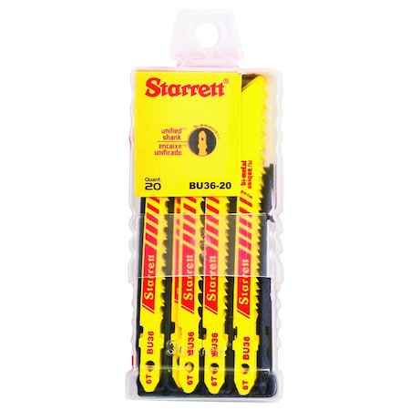 Starrett Wood Cutting, Unified Shank, Bi-Metal Unique, Jig Saw Blades, 3" X 5/16 X .050 X 6 Tpi, 20Pk BU36-20